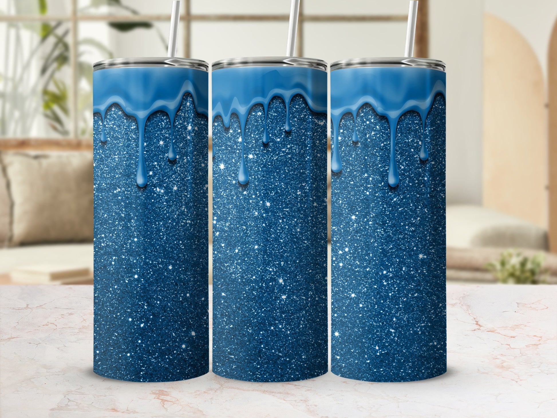Sparkling Blue Glitter Tumbler with Dripping Detail