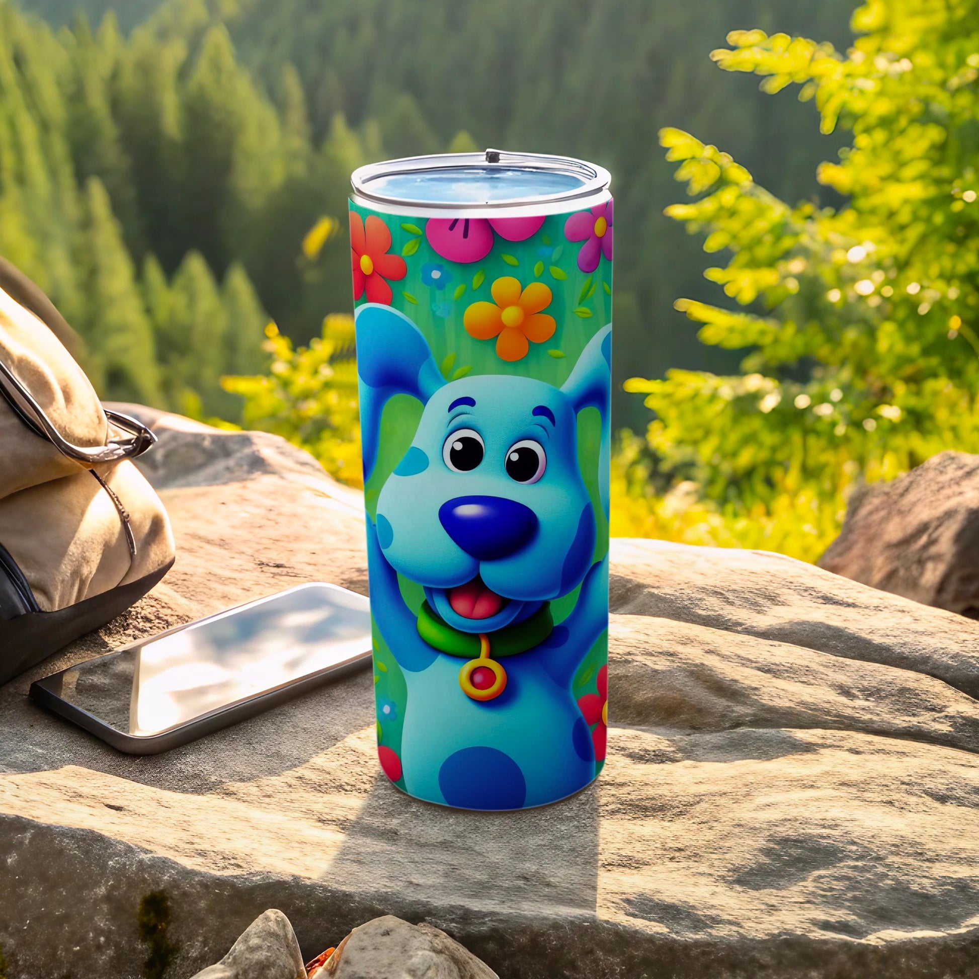 Colorful Dog and Flowers Design Insulated Travel Mug