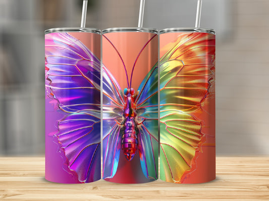 Triptych of a rainbow butterfly with iridescent wings, each section a different color.