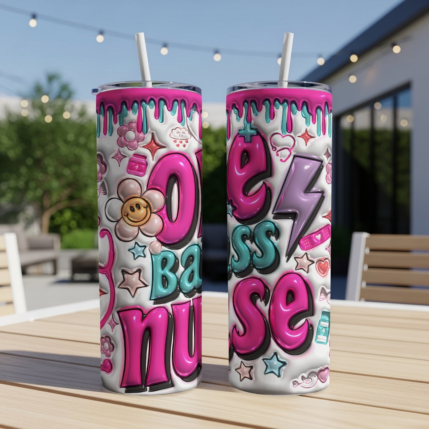 Pink and white tumbler with "One Bass Nurse" text and colorful graphics.