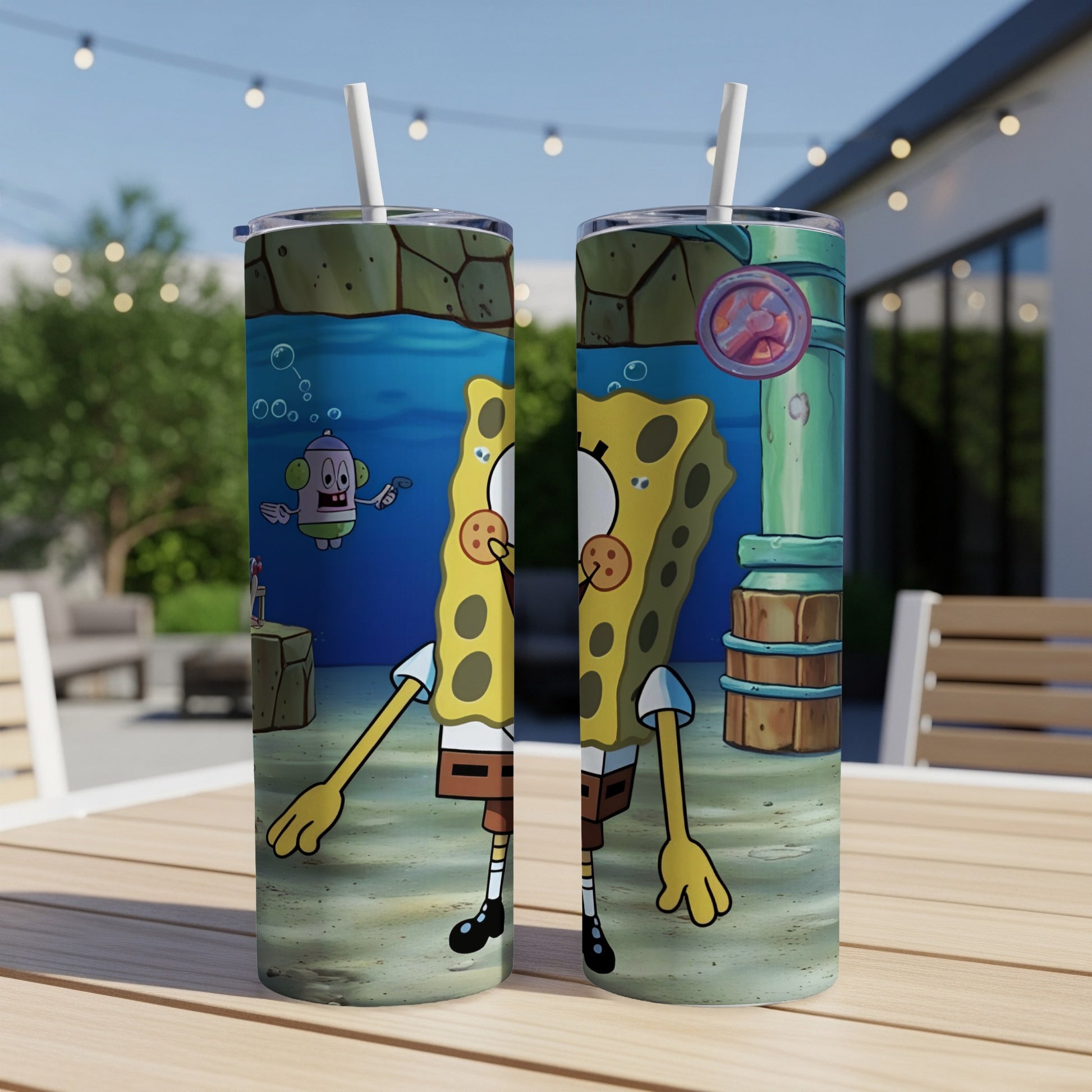 SpongeBob SquarePants character on a tumbler with a nautical background.