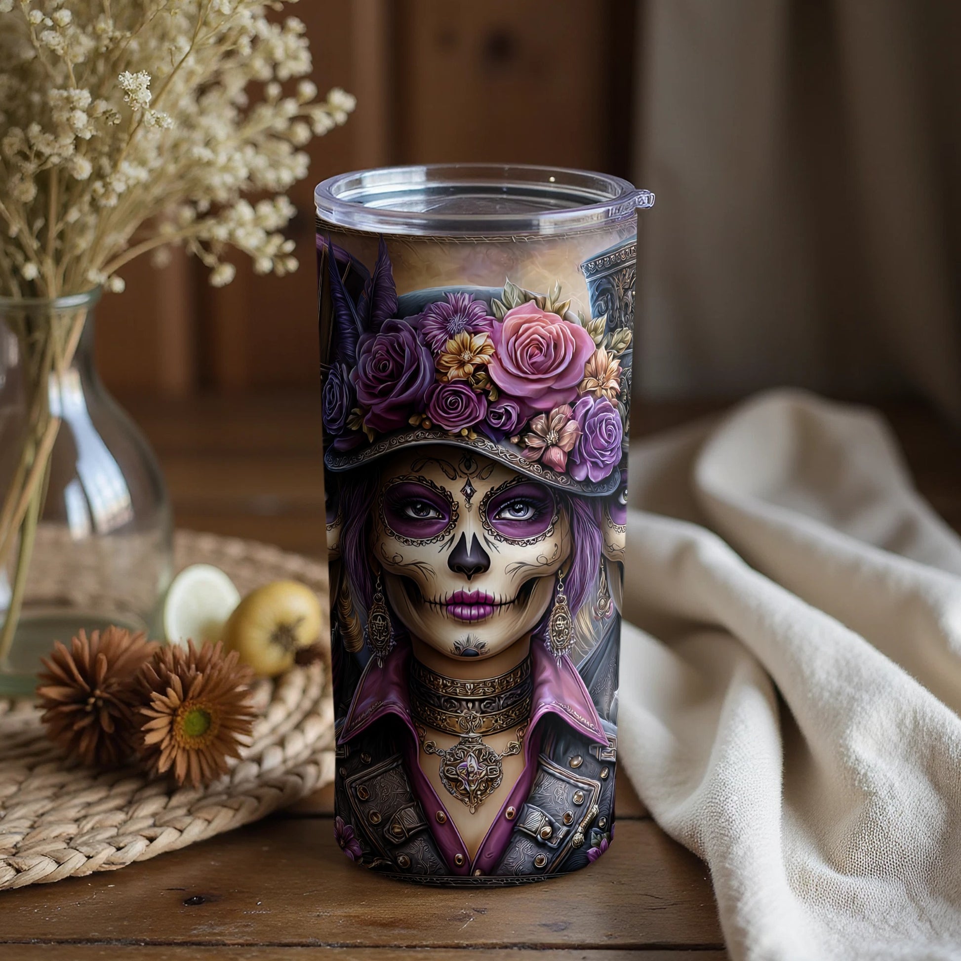 Day of the Dead Skull Lady Floral Design Tumbler
