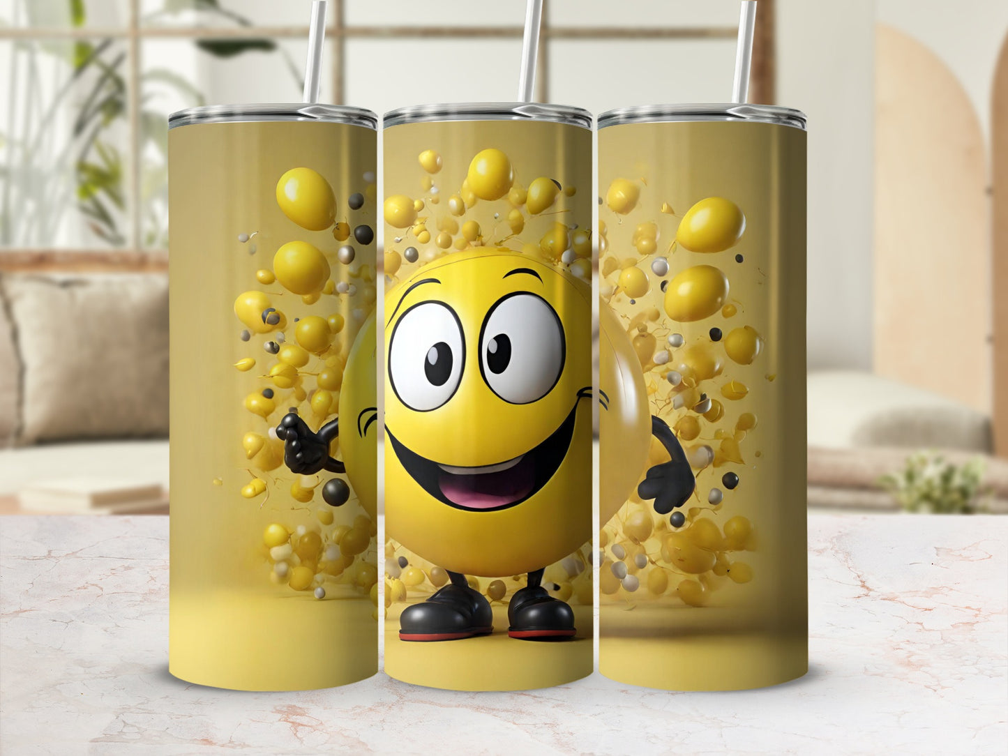 Smiling Yellow Emoji with Bubbles Tumbler Flask