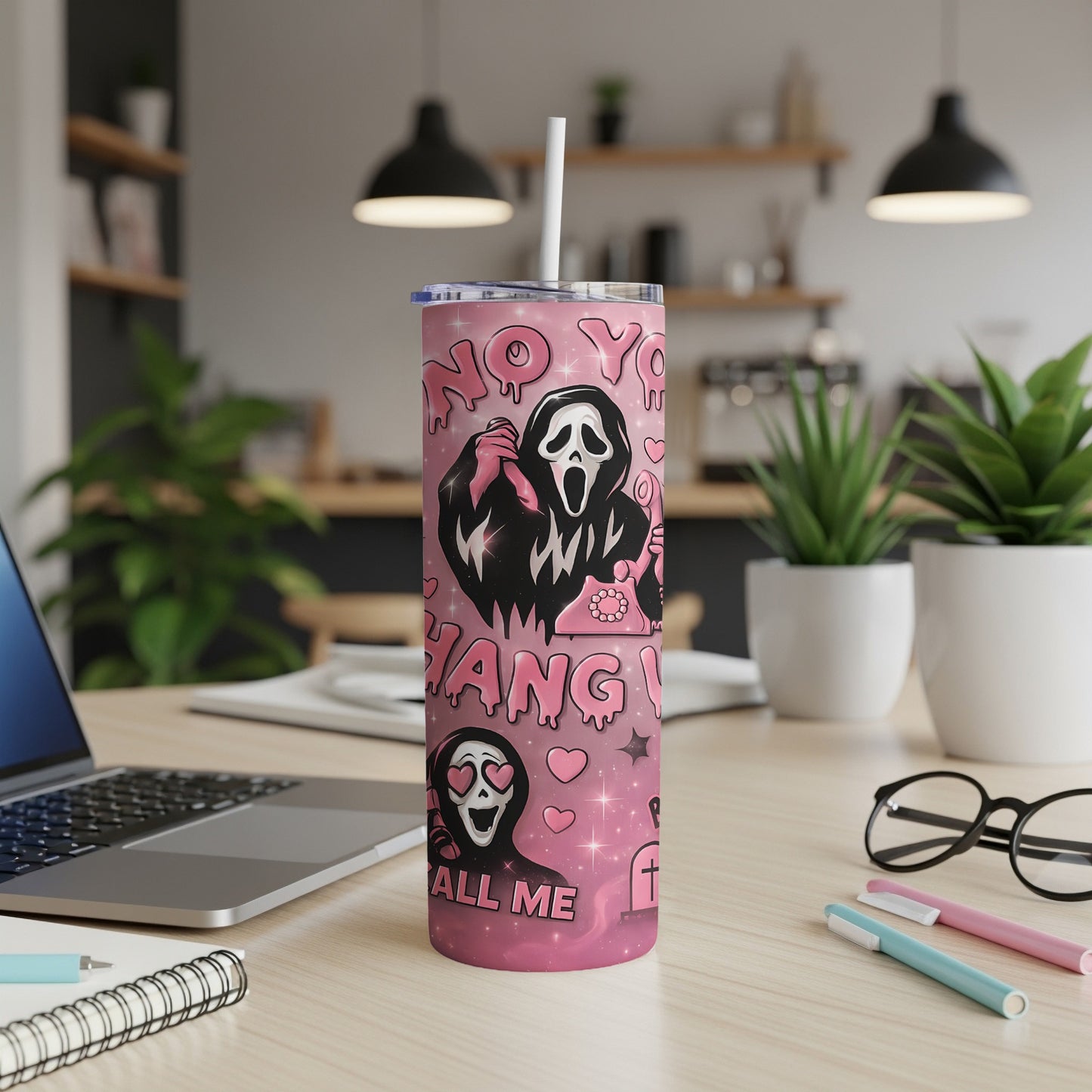 Pink tumbler with Ghostface graphic, "NO YOU HANG UP" and "CALL ME".