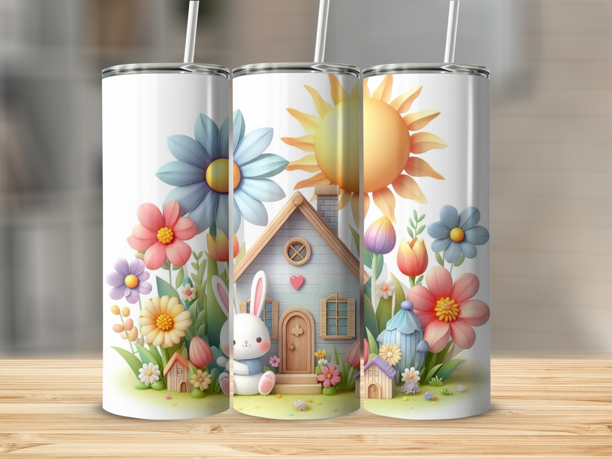 Easter tumbler with bunny, house, flowers, and sun.