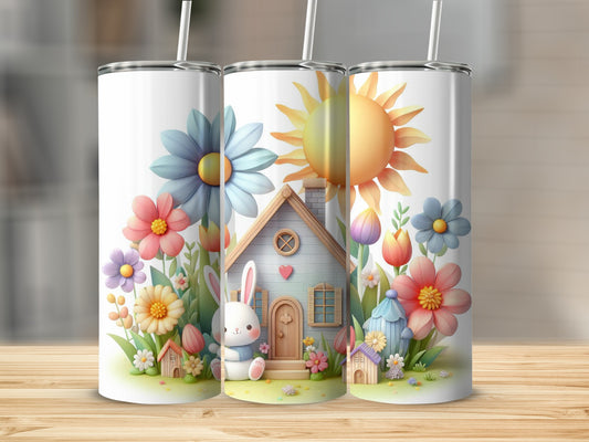 Easter tumbler with bunny, house, flowers, and sun.