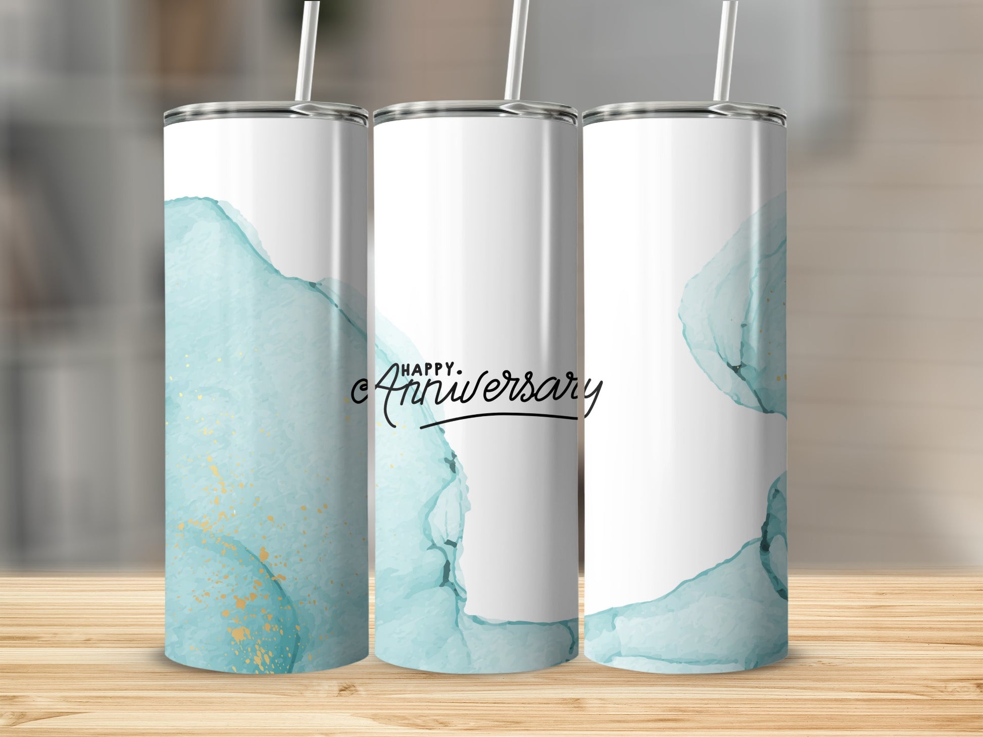 Three tumblers with watercolor splashes and "Happy Anniversary" text.