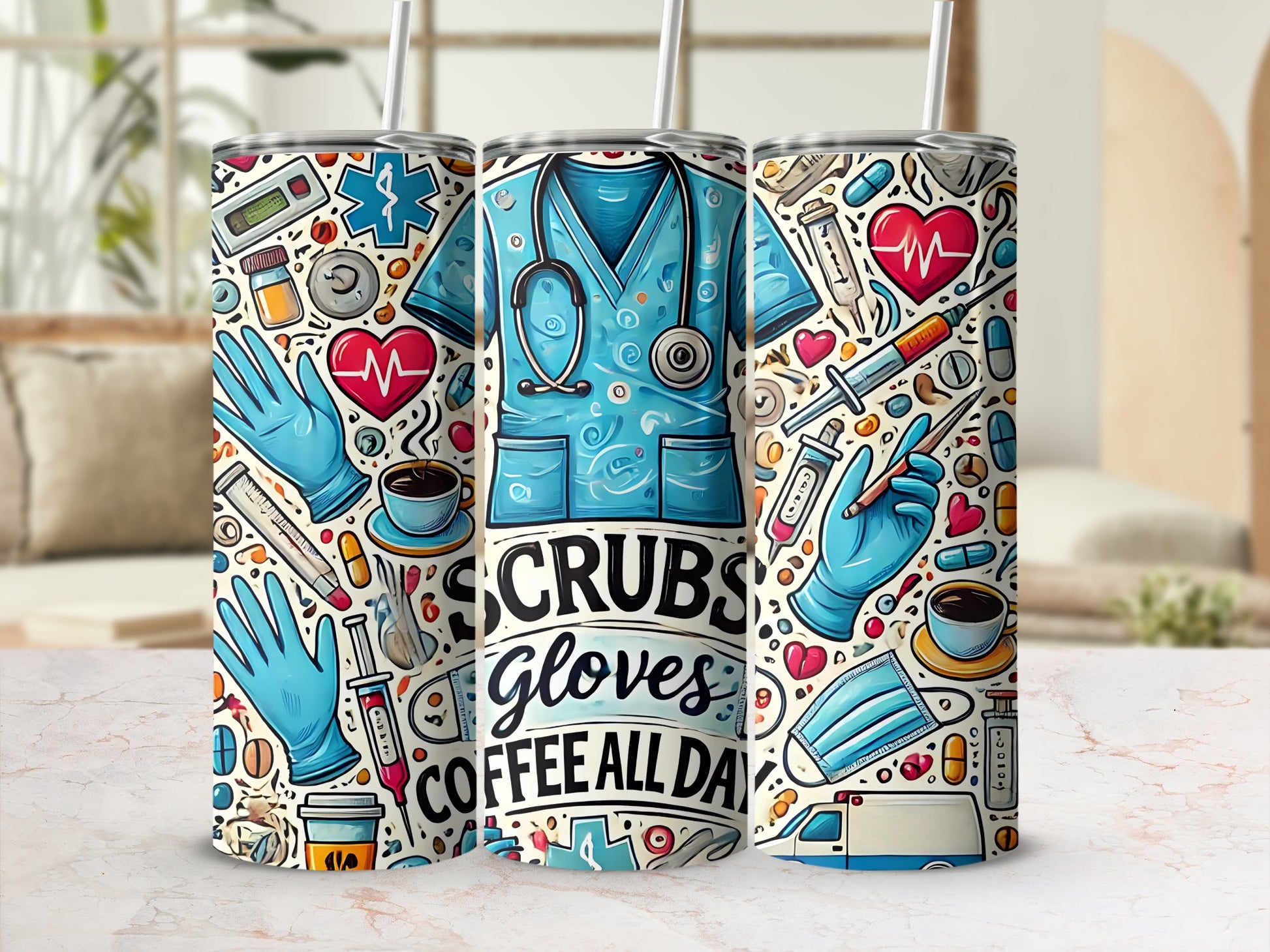 Medical-themed tumbler with scrubs, stethoscope, gloves, and "Scrubs, Gloves, Coffee All Day" text.