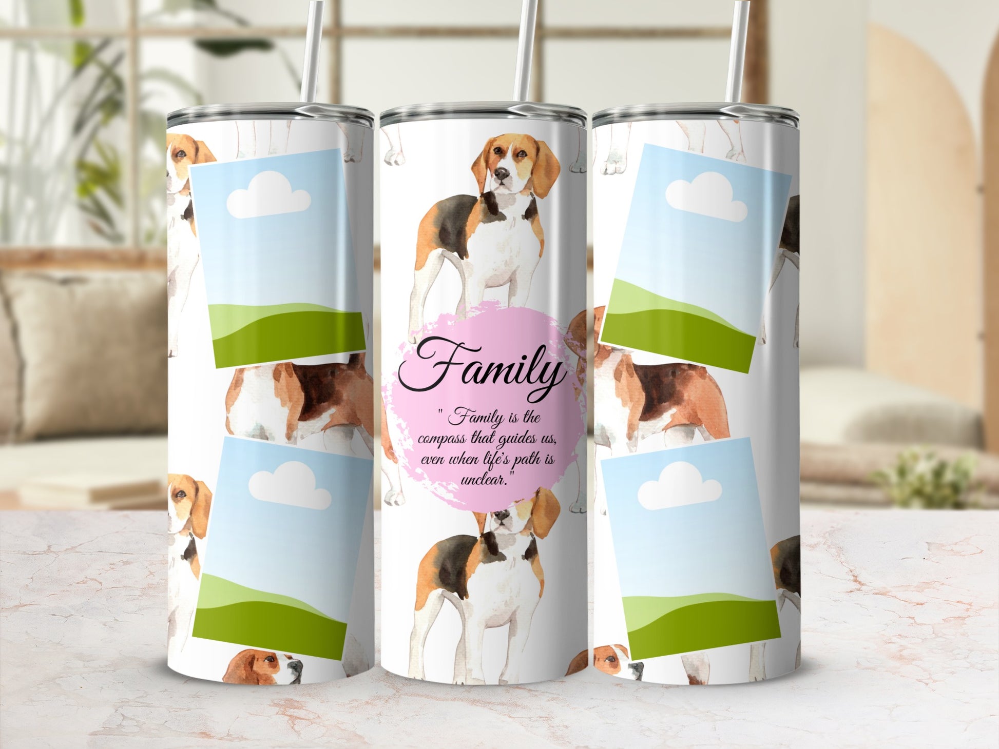 Tumbler with beagles, framed pictures, and the quote "Family is the compass that guides us".