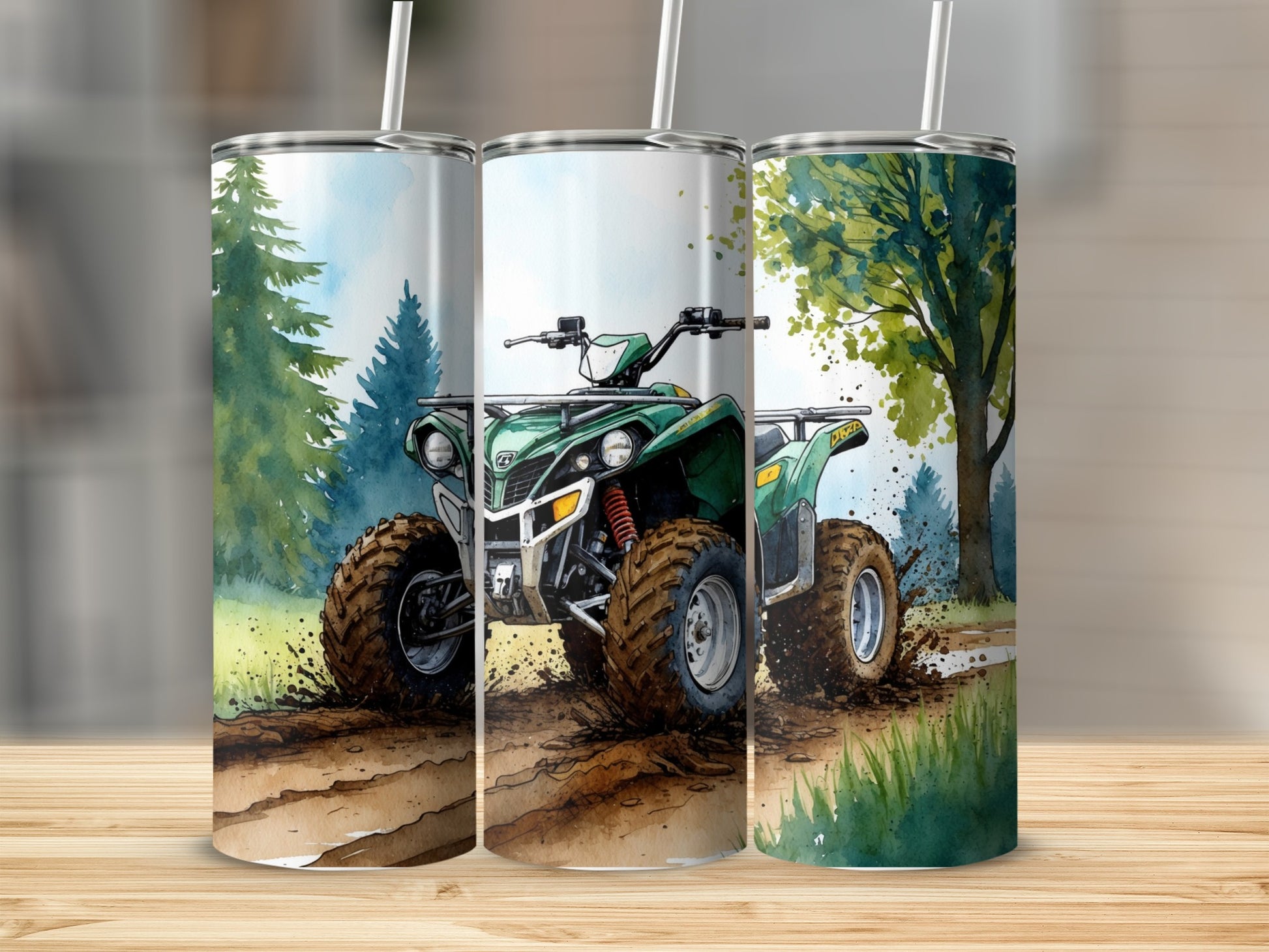 Green ATV kicking up dirt on a wooded trail.