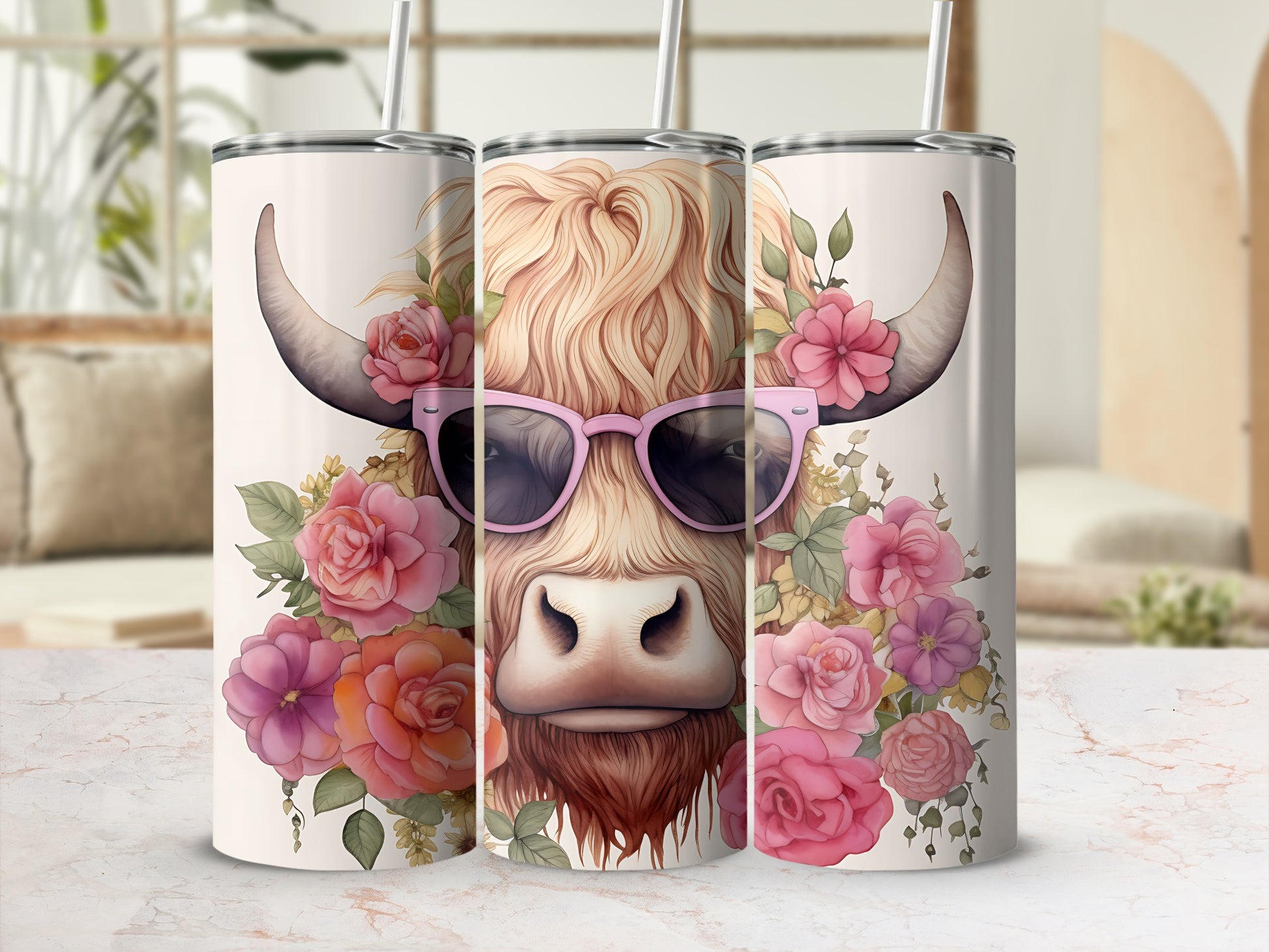 Highland cow with pink sunglasses and floral arrangement on tumbler.