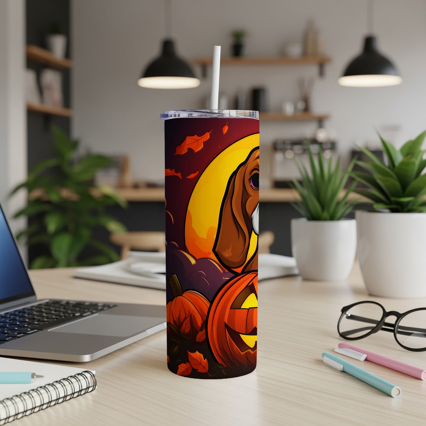 Halloween tumbler with beagle, pumpkins, and moon graphic.