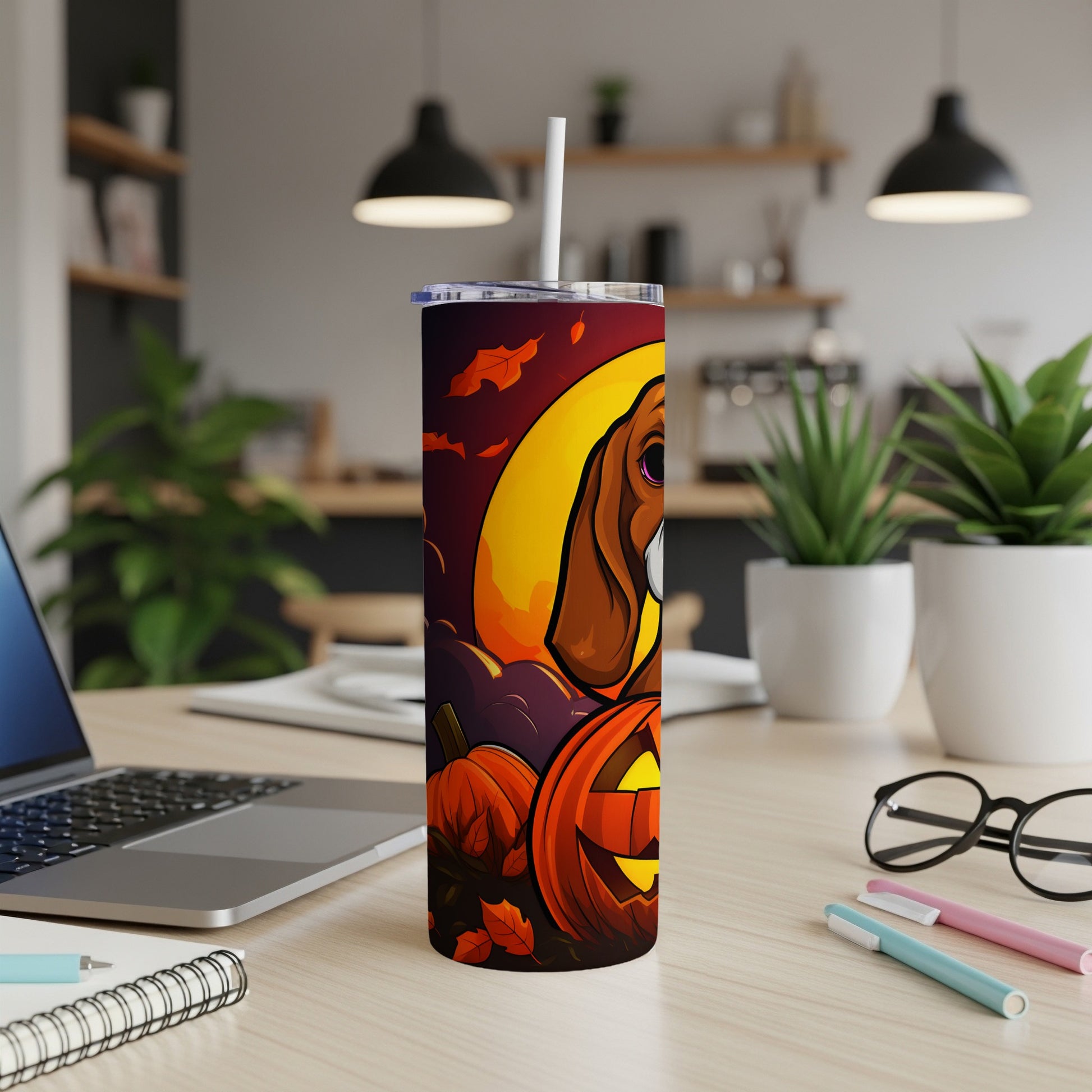 Halloween tumbler with beagle, pumpkins, and moon graphic.