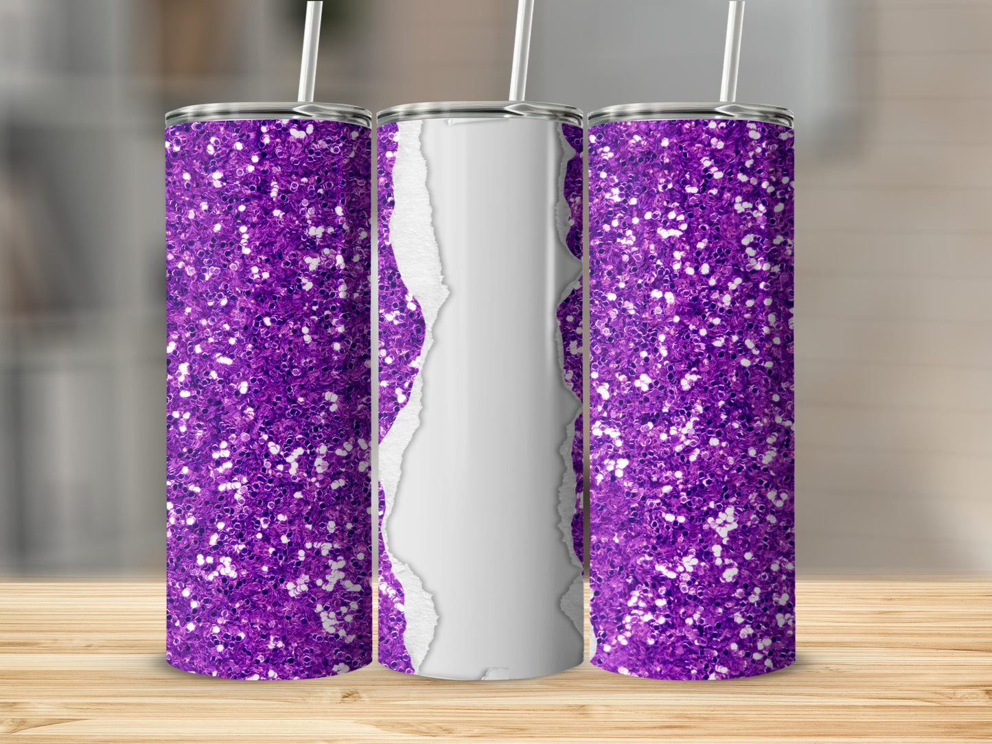 Purple glitter tumbler with torn paper effect and straw.