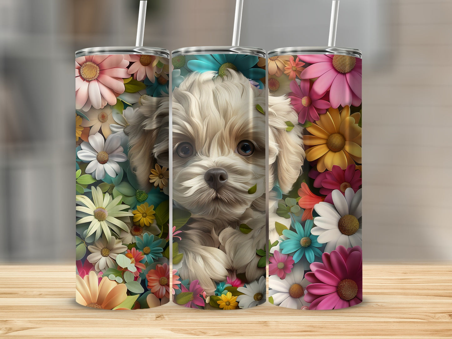 Three floral tumblers featuring a fluffy dog's face as the main design element.