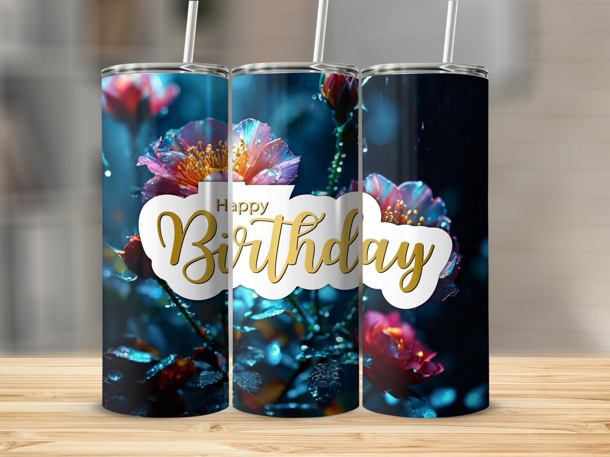 Three tumblers with a floral and water droplet design and "Happy Birthday" text.