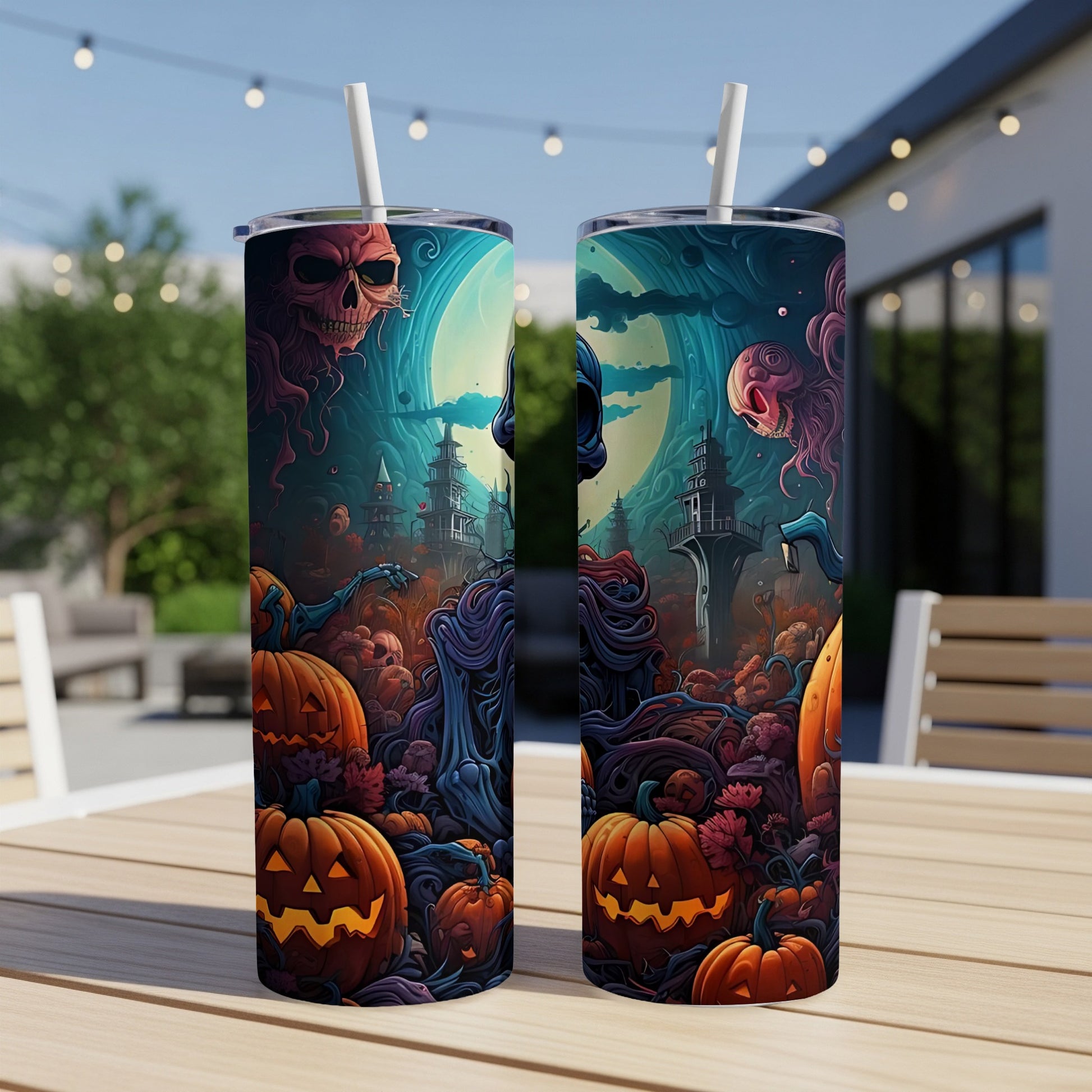 Two tumblers with a spooky Halloween scene featuring skulls, pumpkins, and castles.