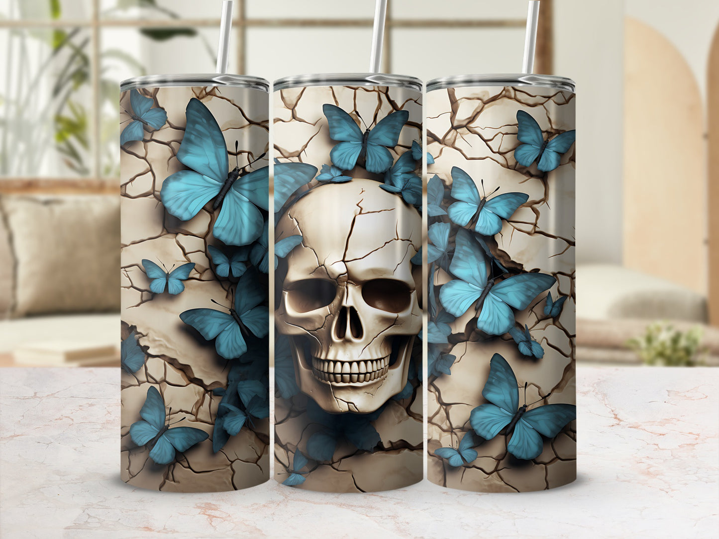 Cracked skull with blue butterflies design on a tumbler.