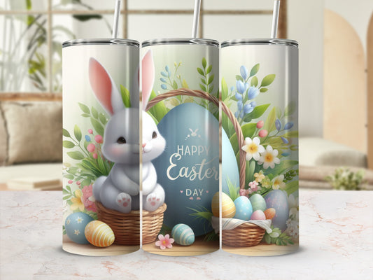 Easter bunny with colorful eggs and flowers on a tumbler.