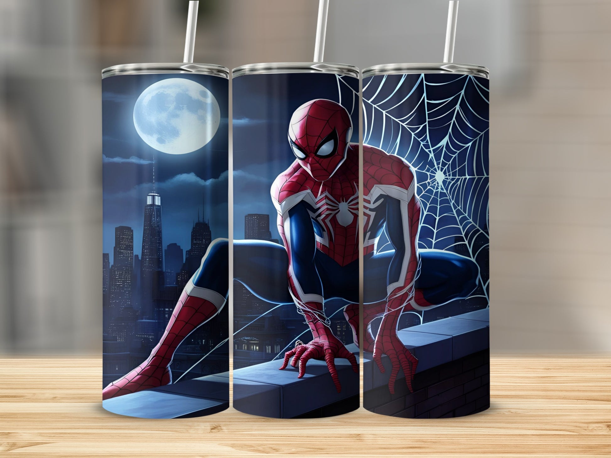 Spiderman perched on a web-covered building ledge overlooking a city.