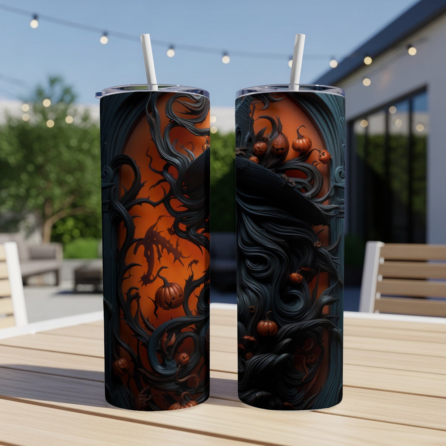 Two Halloween-themed tumblers with pumpkins, bats, and swirling vines on an orange background.