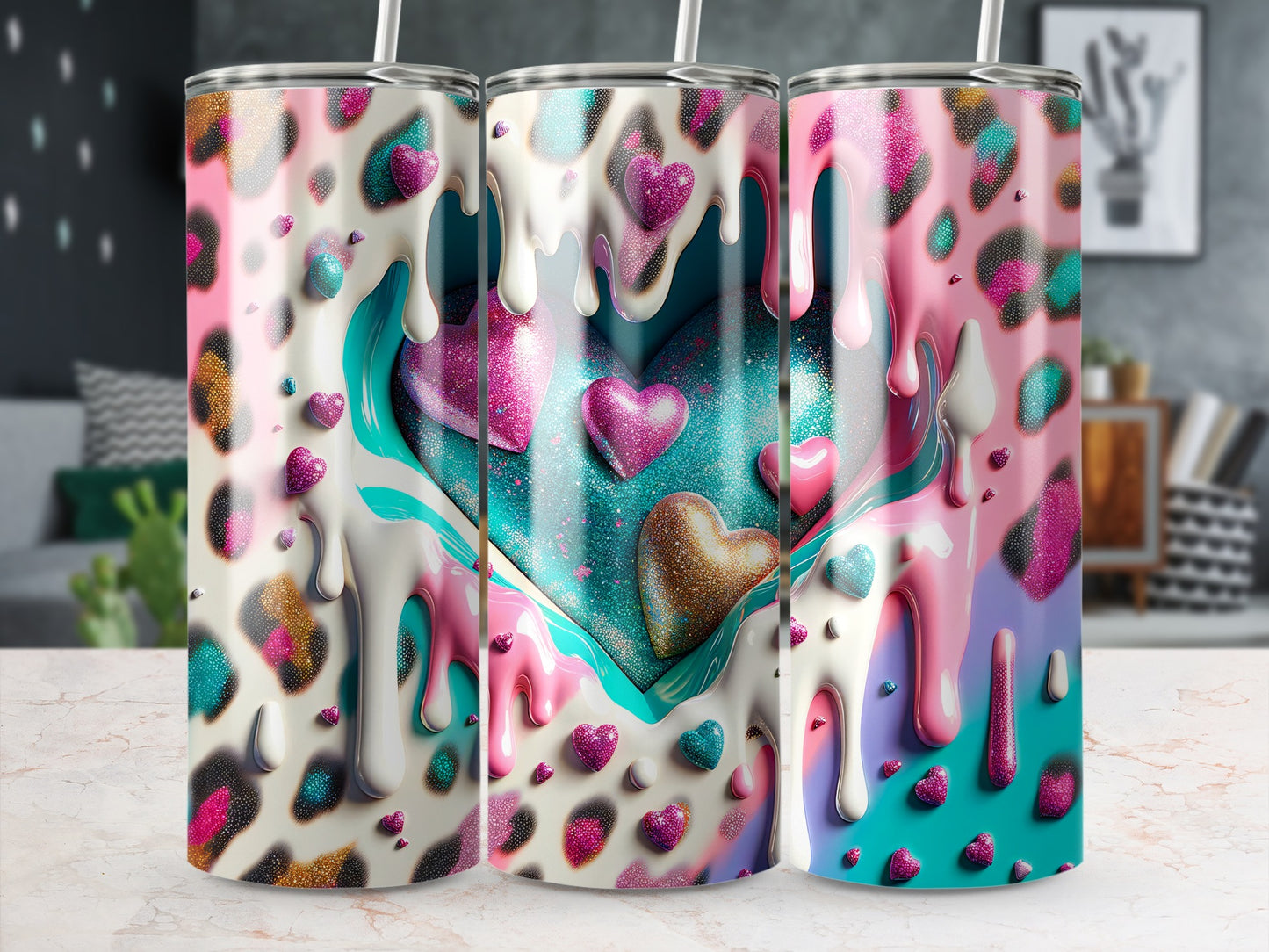 Glitter Hearts Leopard Print Love Valentine's Day! Leopard Pattern with Dripping Paint and Hearts Tumblers