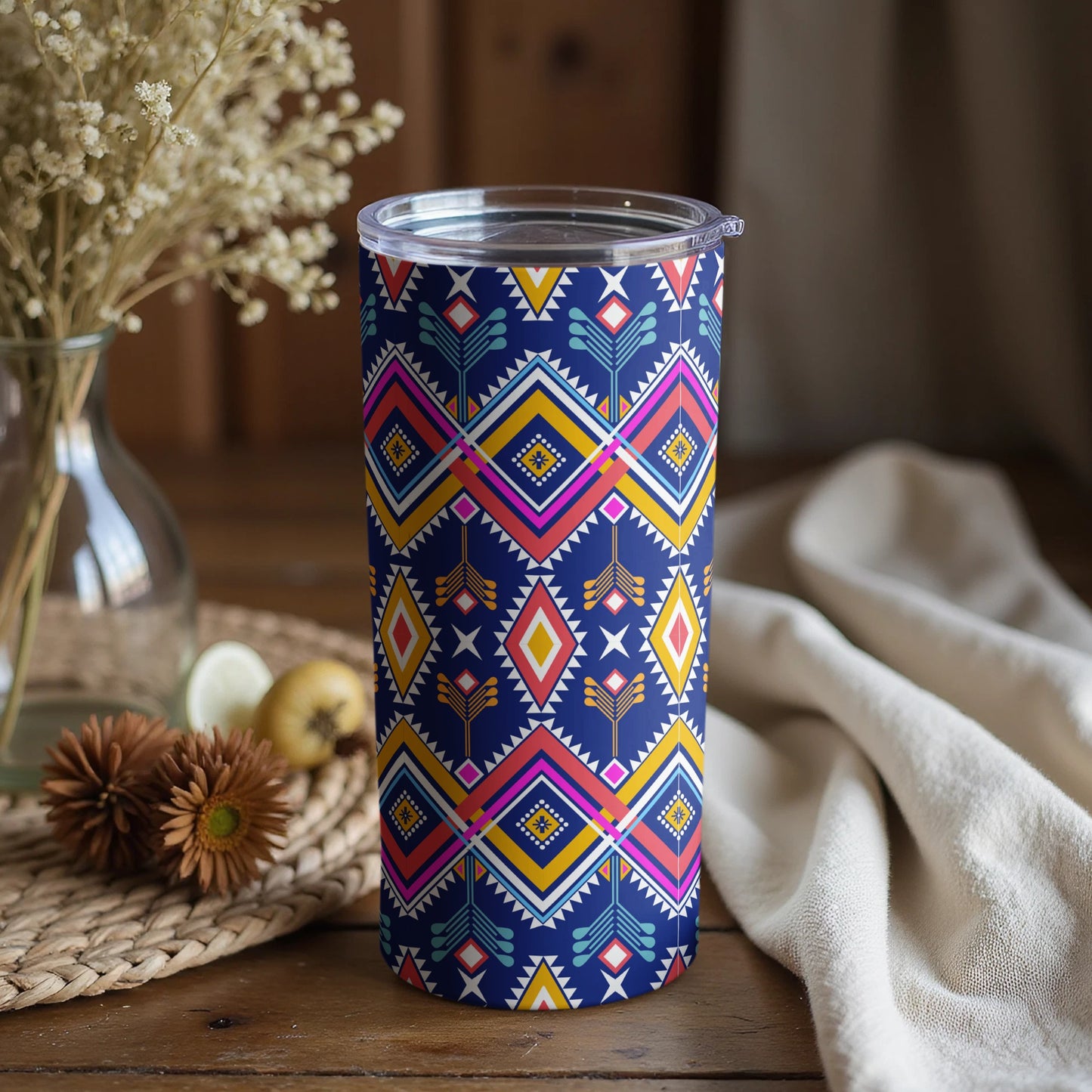 Vibrant Geometric Patterned Travel Tumbler Flask