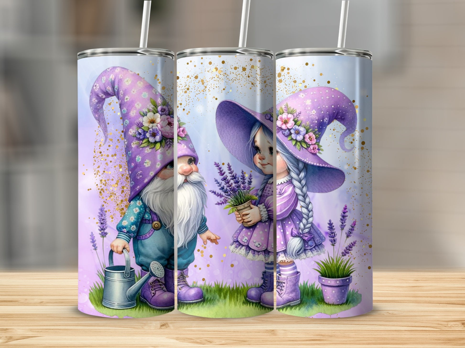Adorable Gnome and Girl with Lavender Tumbler