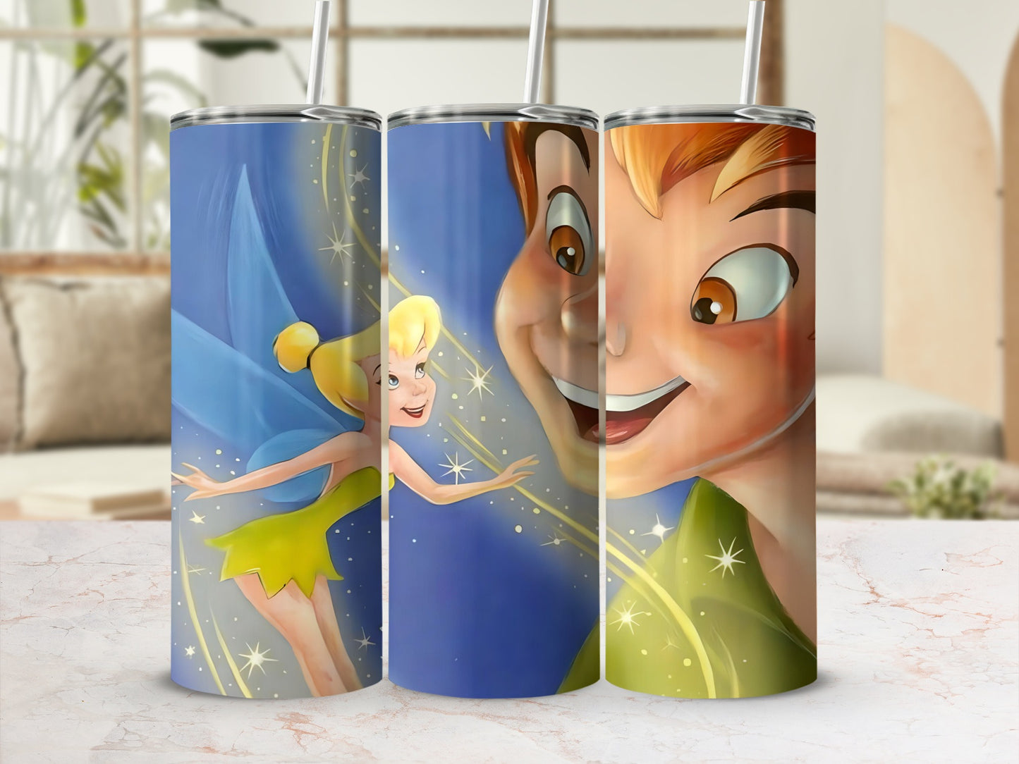 Peter Pan and Tinker Bell illustrated tumbler