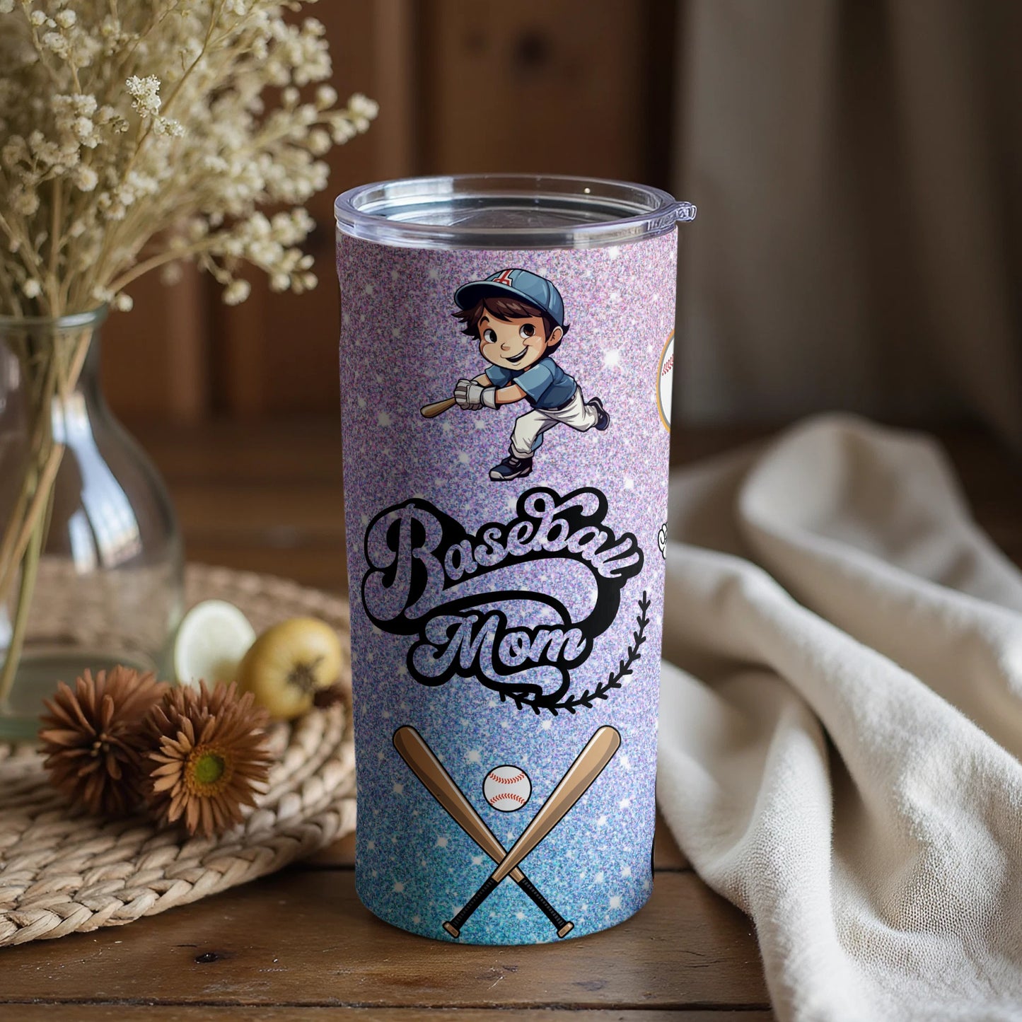 Baseball Mom Glitter Sports Themed Tumbler
