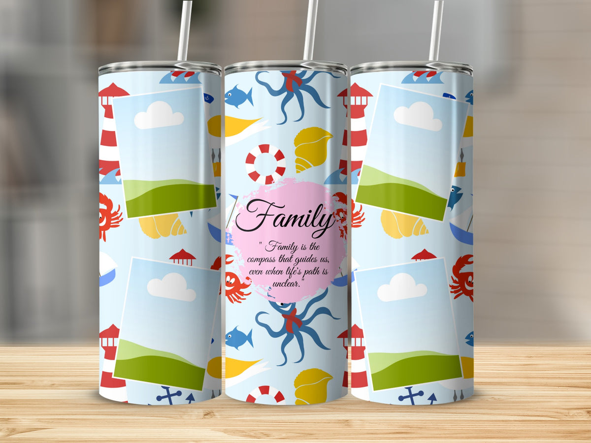 Tumbler with beach-themed pattern and quote "Family is the compass that guides us".
