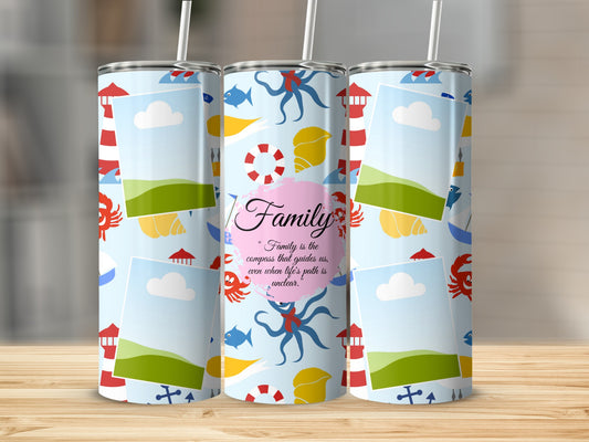 Tumbler with beach-themed pattern and quote "Family is the compass that guides us".