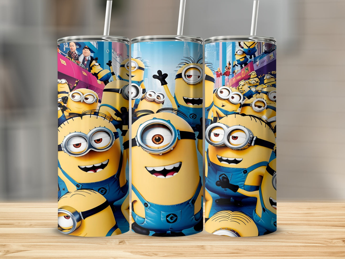 Minions in blue overalls and goggles celebrate with raised arms.
