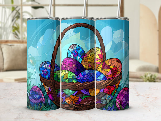 Easter basket overflowing with colorful, stained-glass patterned eggs, surrounded by greenery.