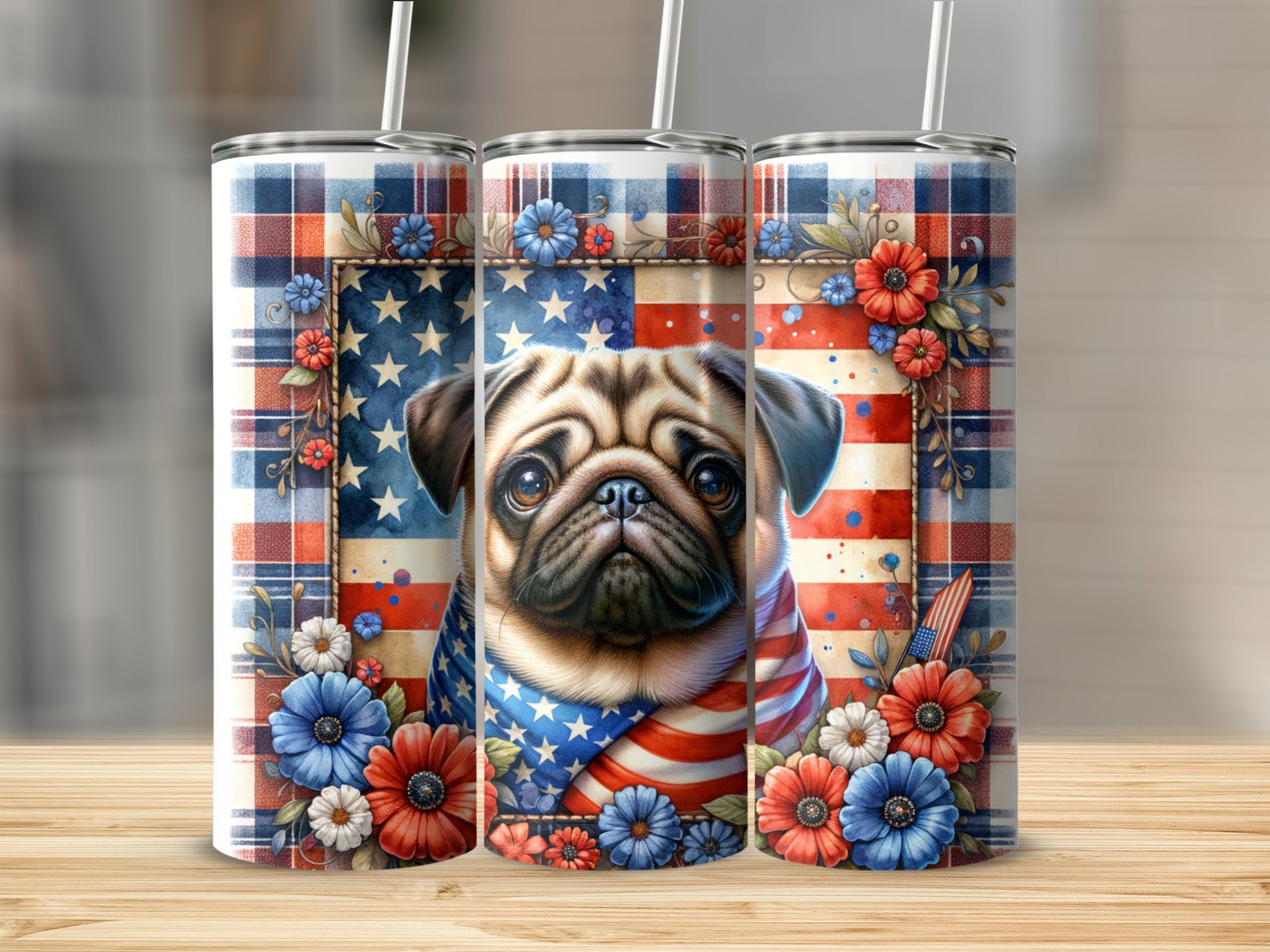 Pug in patriotic bandana and stars, surrounded by flowers and plaid.