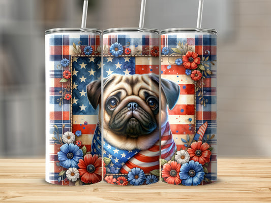 Pug in patriotic bandana and stars, surrounded by flowers and plaid.