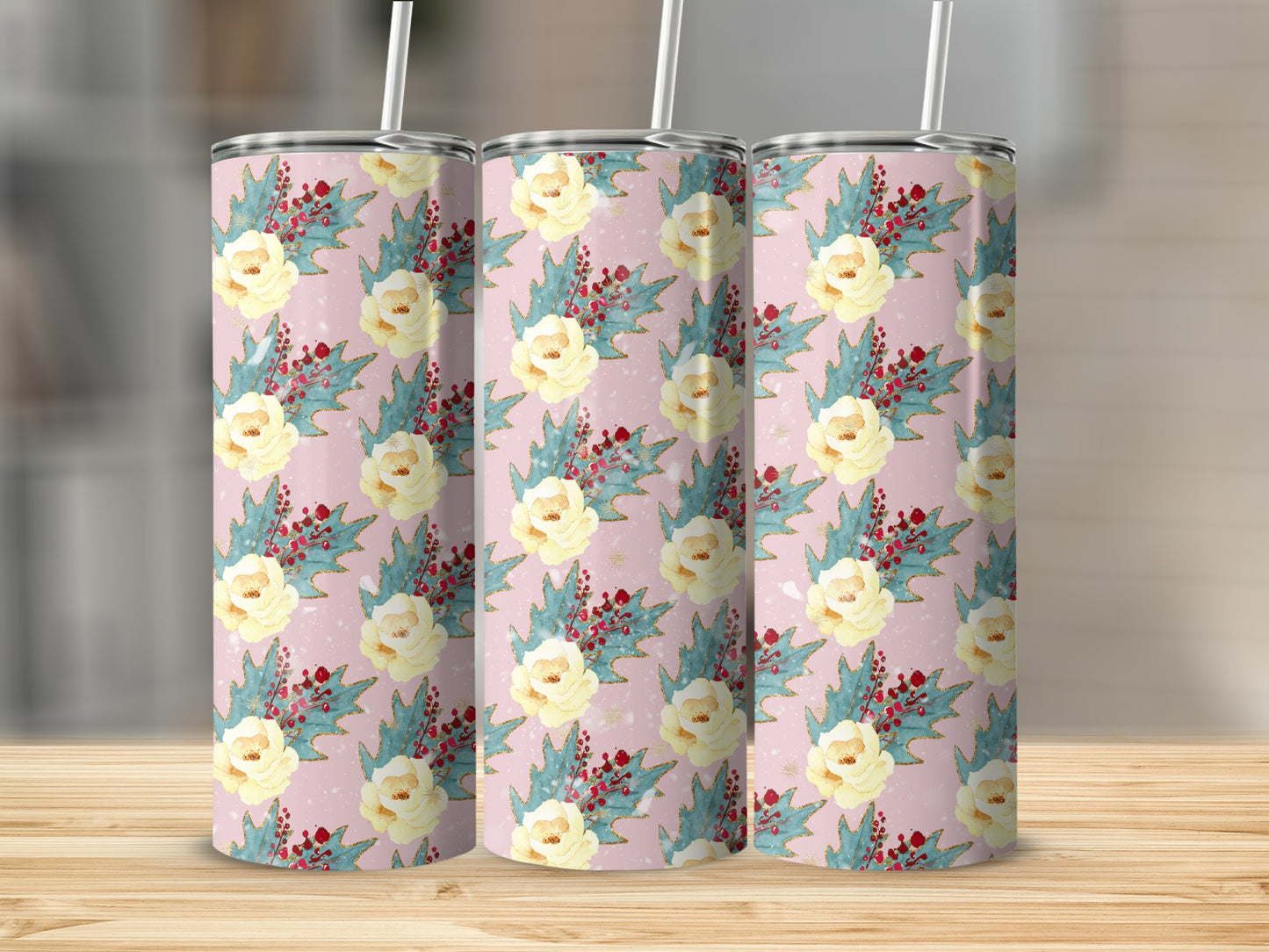 Three tumblers with a pastel floral and berry pattern.