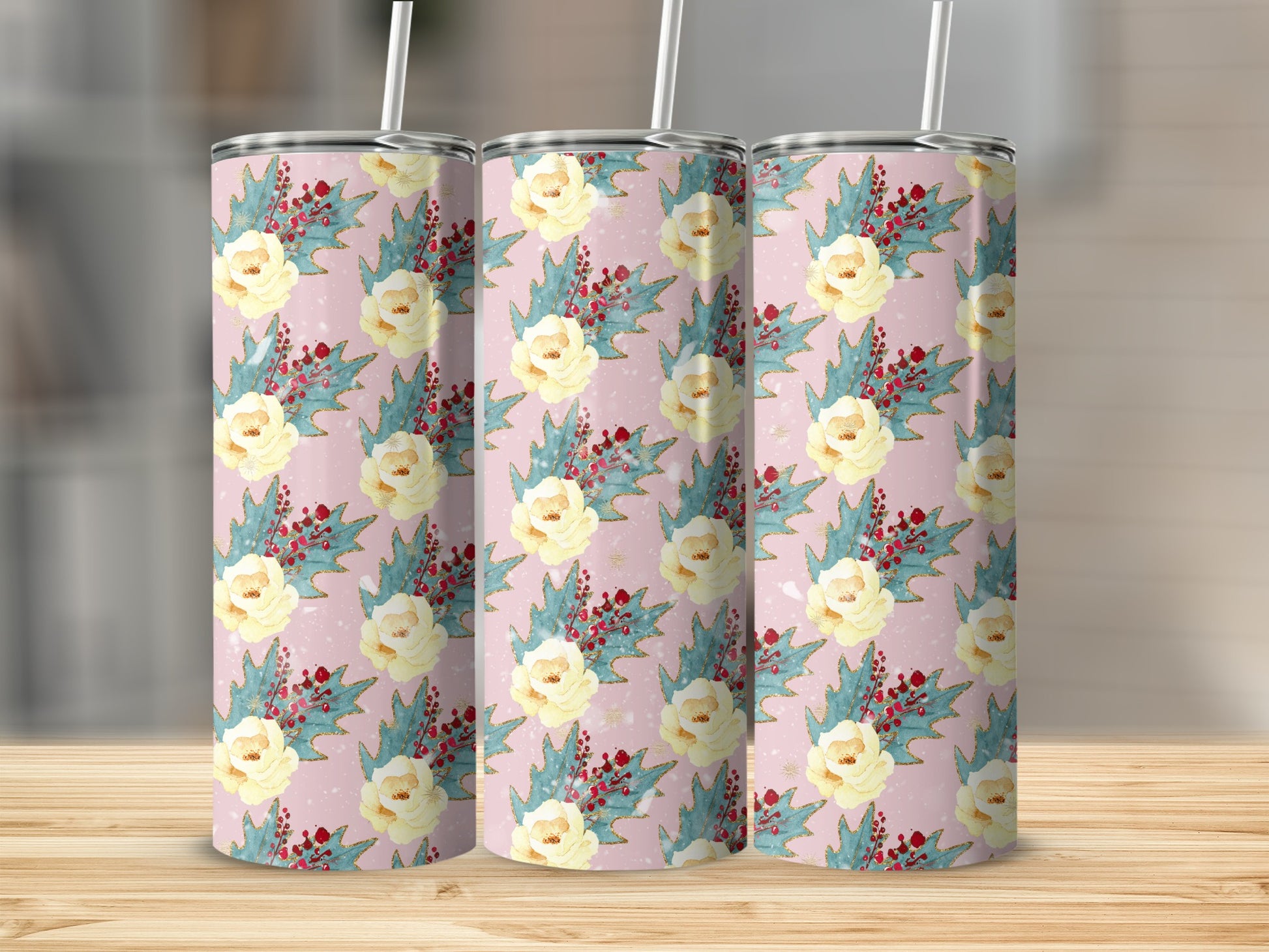 Three tumblers with a pastel floral and berry pattern.
