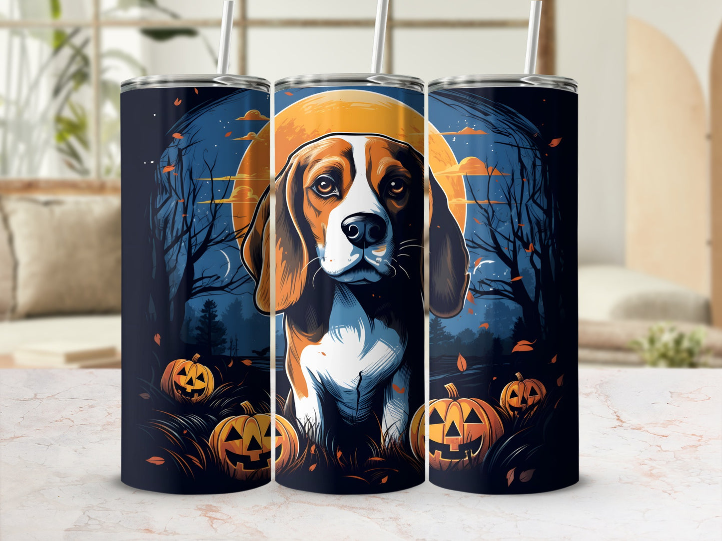 Beagle dog with pumpkins and moon on Halloween-themed tumblers.