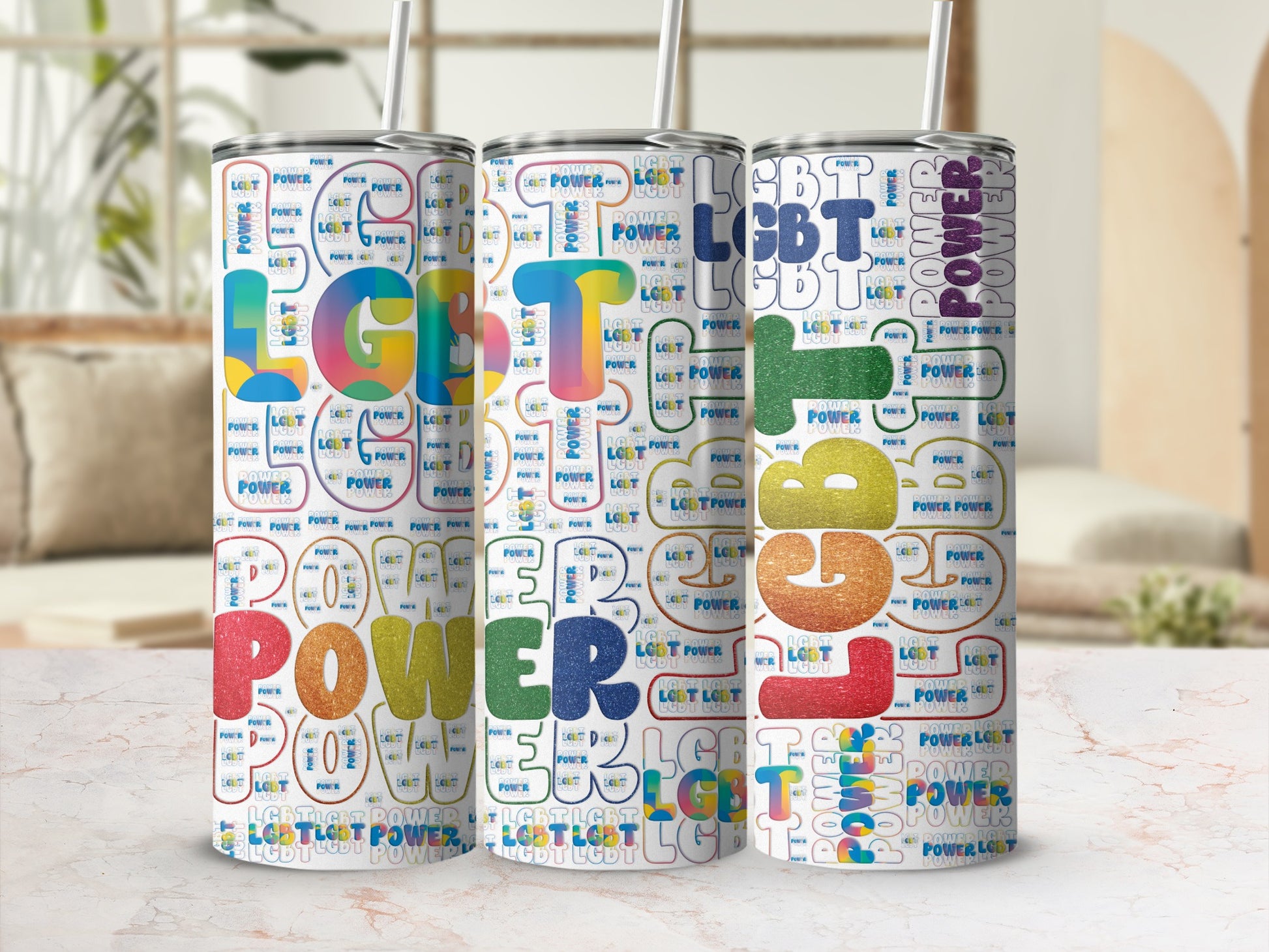 Tumbler with repeating "LGBT POWER" text and rainbow color accents.