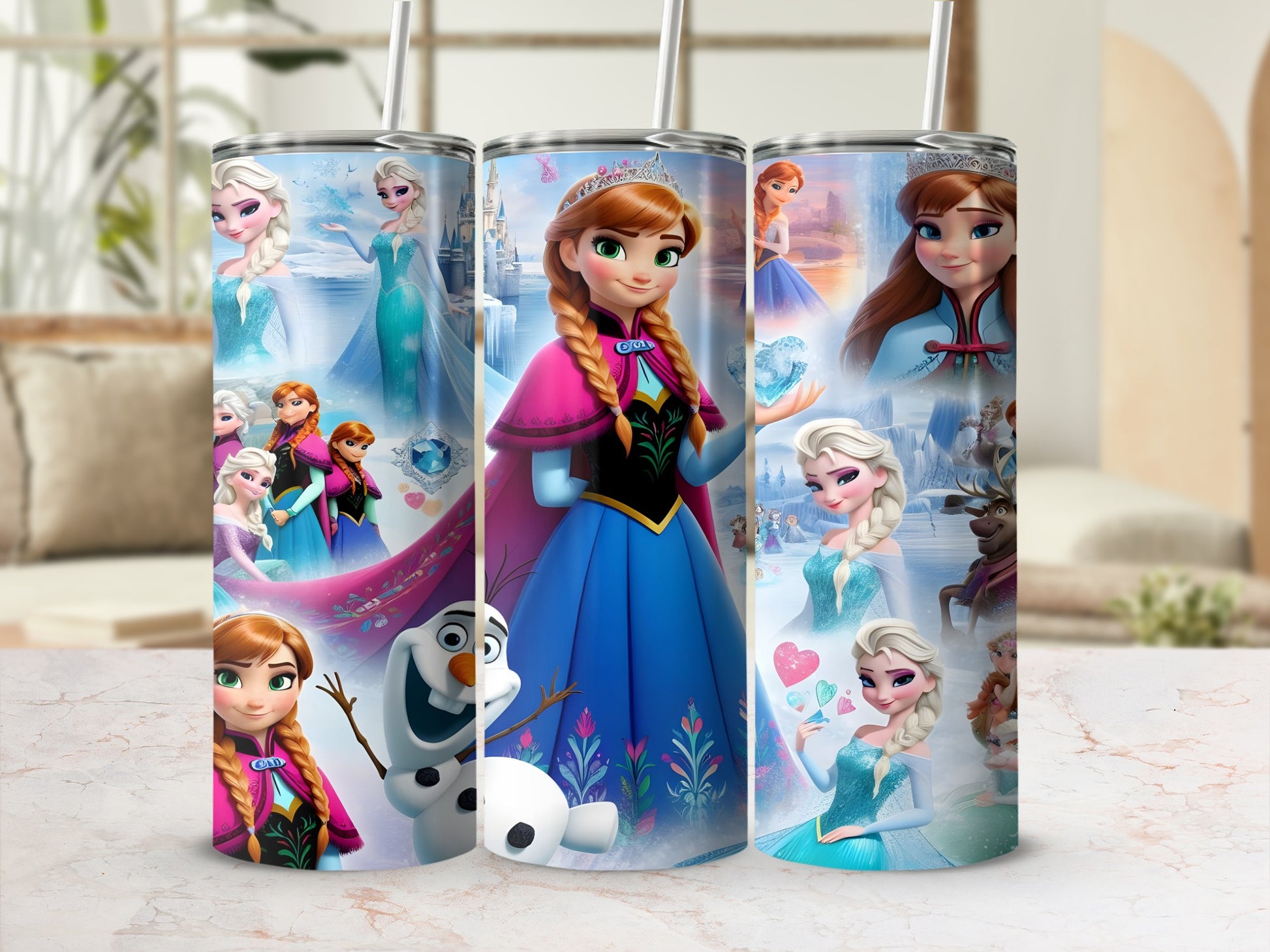Elsa and Olaf from Frozen on a blue and pink insulated tumbler with straws.