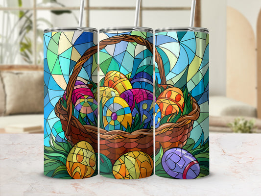 Easter basket filled with colorful stained-glass patterned eggs, on a white marble surface.