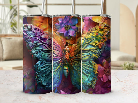 Three tumblers featuring a colorful, iridescent butterfly design against floral background.