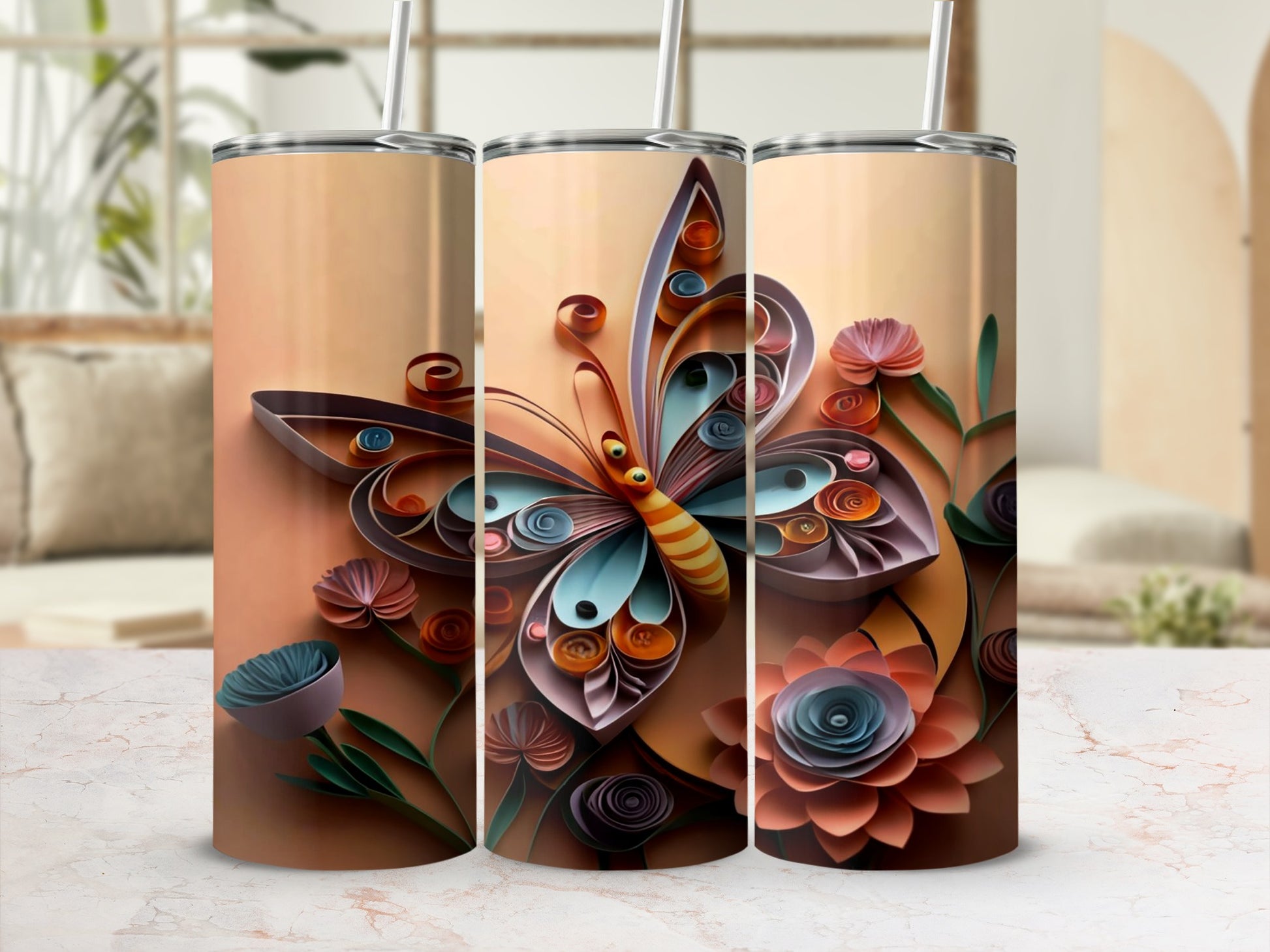 Colorful Butterfly and Flowers Insulated Tumbler