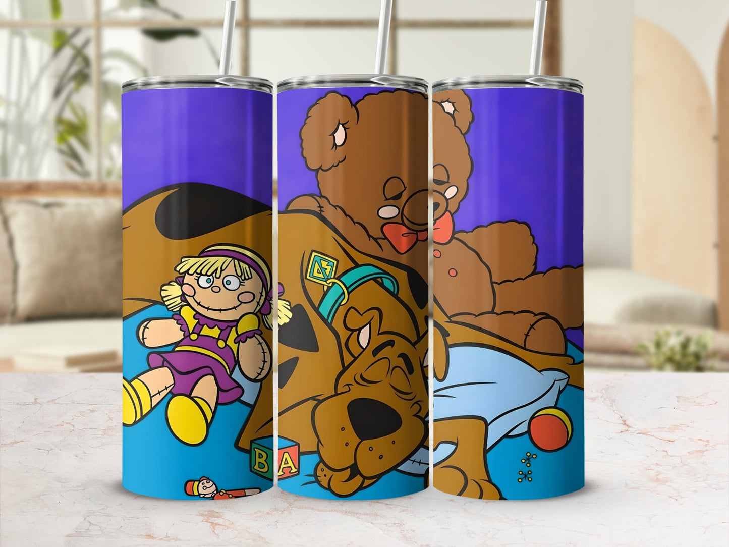 Scooby-Doo and a doll with a teddy bear, on a purple background.