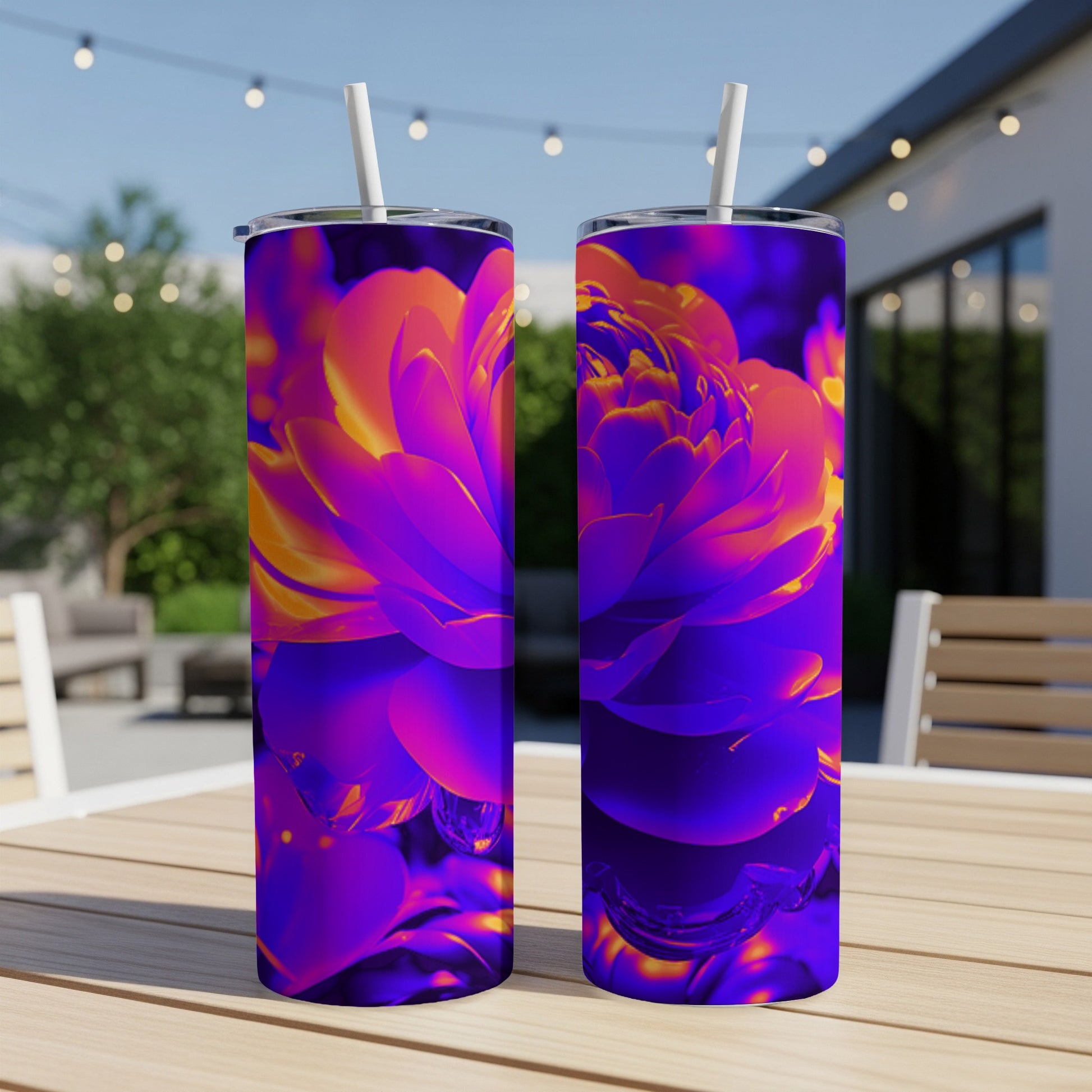 Two tumblers with a vibrant, abstract floral design in purple and orange hues.