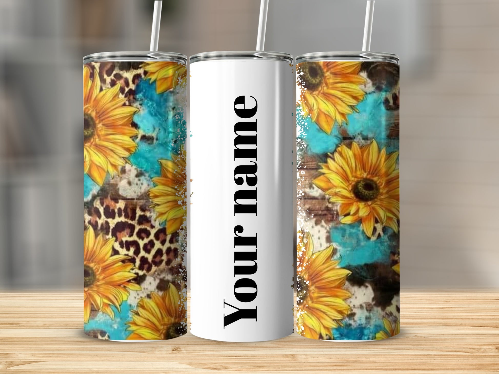 Sunflower and Animal Print Custom Name Tumbler