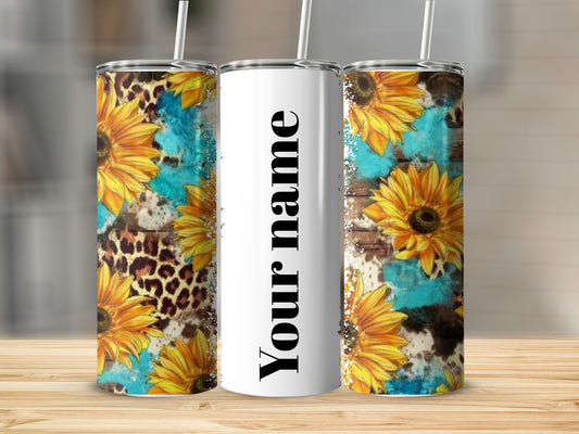 Sunflower and Animal Print Custom Name Tumbler
