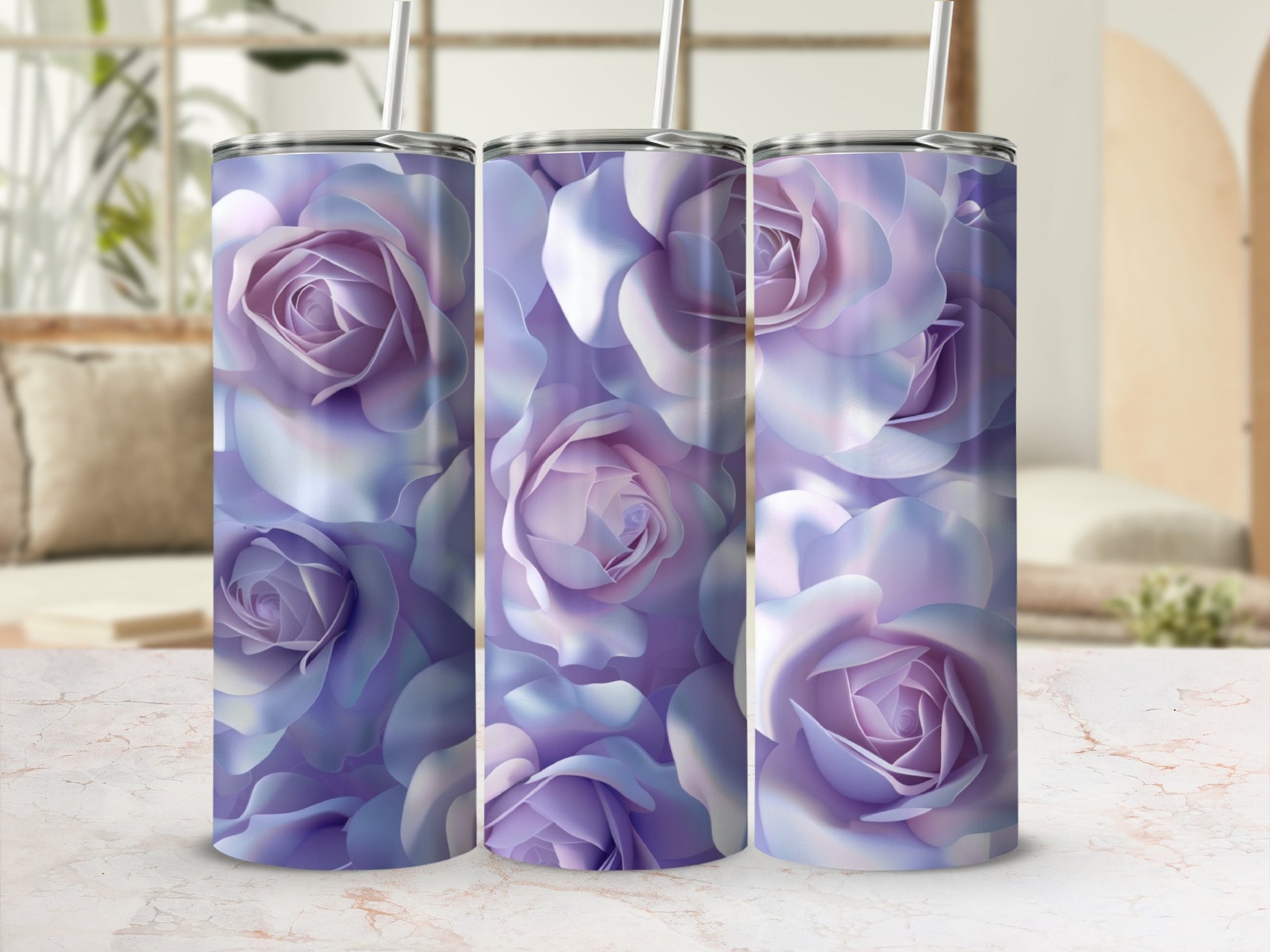 Three tumblers with a purple rose floral pattern.