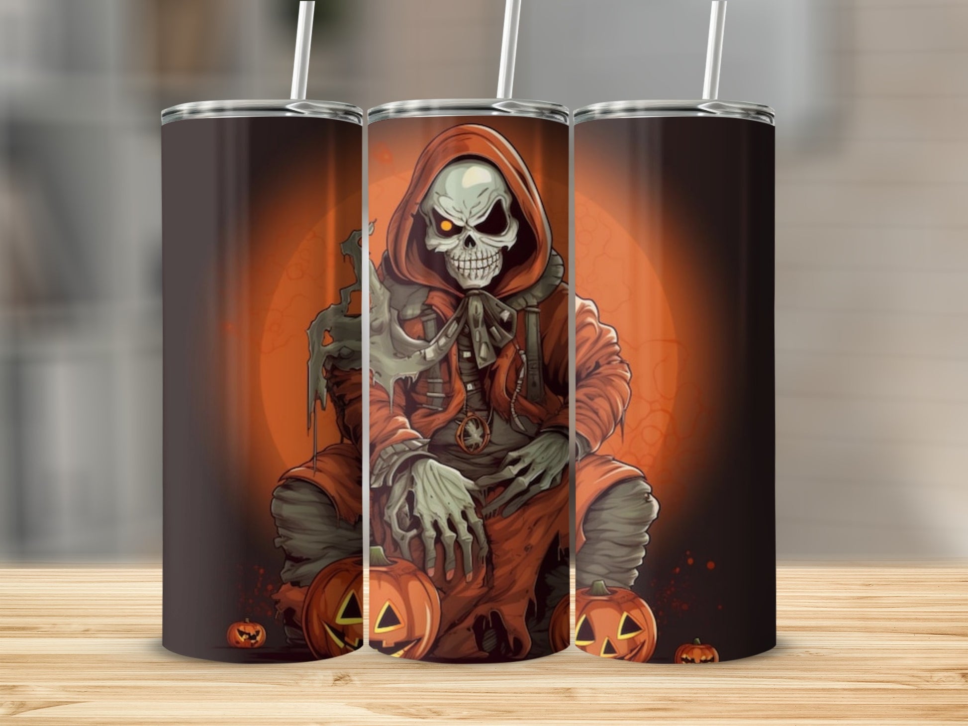 Three tumblers featuring a Halloween skeleton character with pumpkins and an orange moon.